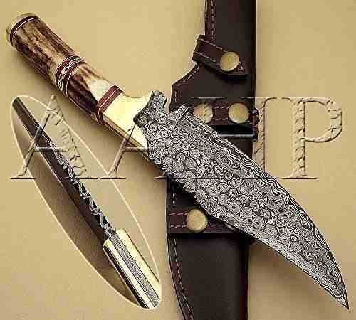 Cuchillo de caza hecho a mano de Damasco con tres filos, cuchillo