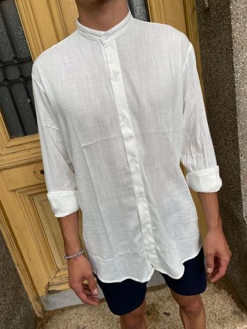 Camisa blanca lino outlet cuello mao hombre