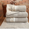 Coleção Fazzioni - Jogo de toalha de banho 5 peças - Jogo de toalha de banho cáqui com barrado bordado palha e cáqui dourado