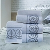 Coleção Luxo - Jogo de toalha de banho branca com barrado aplicado percal 400 fios bordado cinza 5 peças