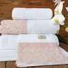 Coleção Valerie - Jogo de toalha de banho 5 peças - Jogo de toalha de banho branca com barrado rosa chá