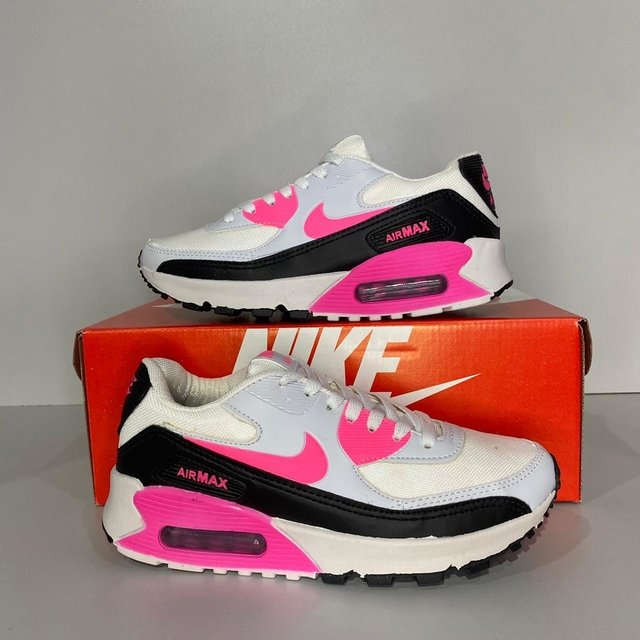 Tênis Nike Air Max 90 - Masculino - Branco, Preto e Rosa - Vai de Tênis