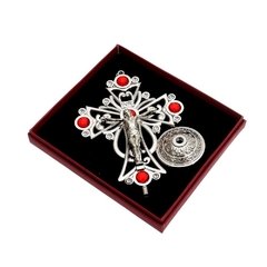 Crucifixo de mesa com pedras Vermelhas - Prata 15cm - comprar online