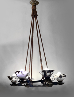Araña de época en bronce con tulipas de alabastro - comprar online