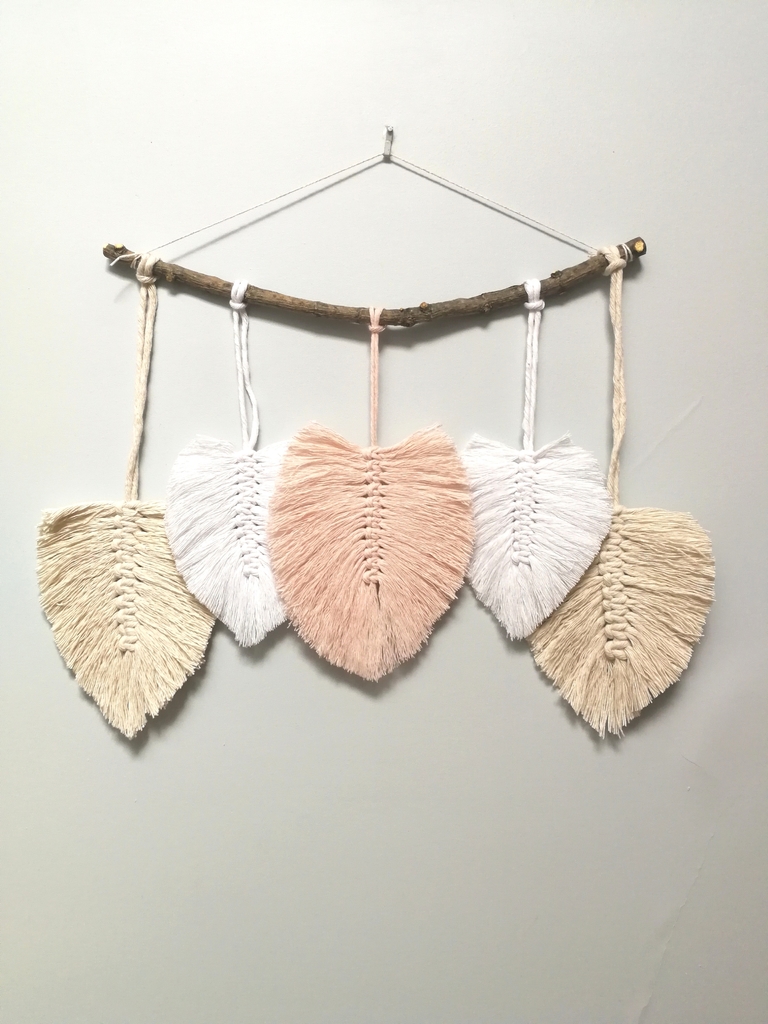 Tapiz Plumas Hojas Macram Deco Boho Crudo Blanco Y Nude