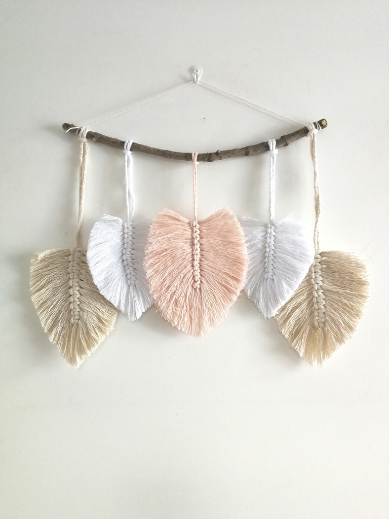 Tapiz Plumas Hojas Macram Deco Boho Crudo Blanco Y Nude