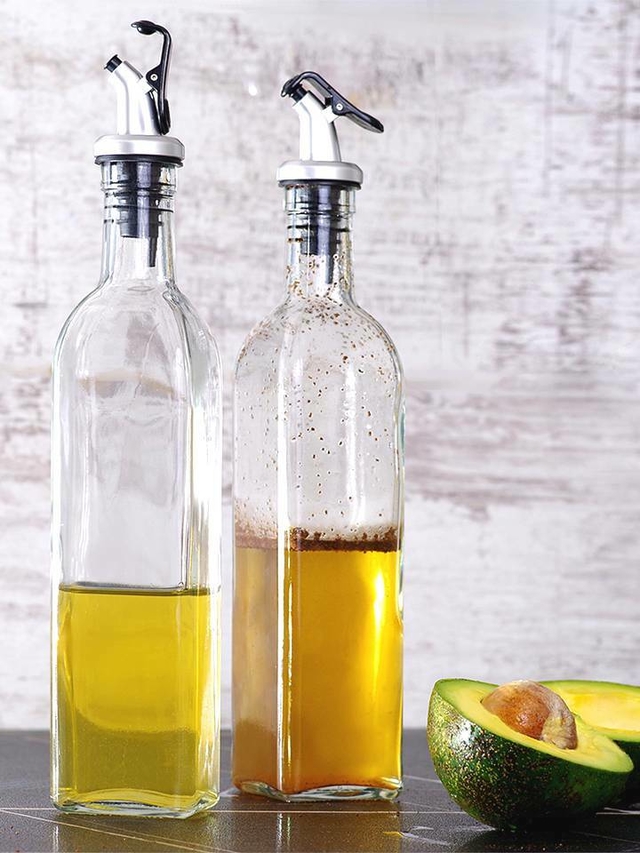 Aceitera con vertedor, dispensador de vinagre y aceite, botella de aceite  de oliva, recipiente, acero inoxidable, 2 botellas de aceite de cocina
