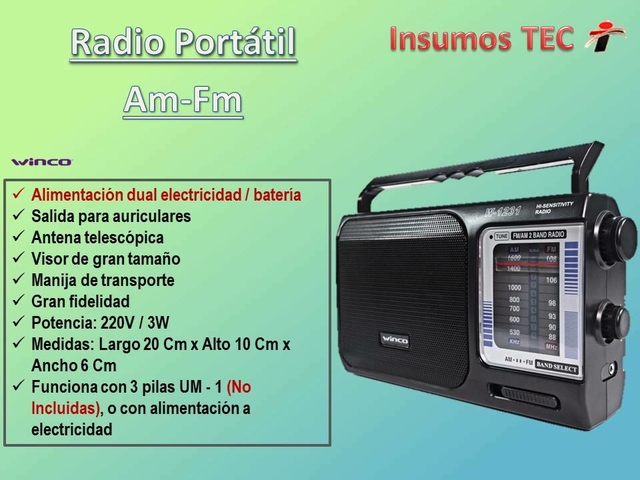 Radio Portatil Am Fm A Pilas Y Electrica Winco W-1231 Manija