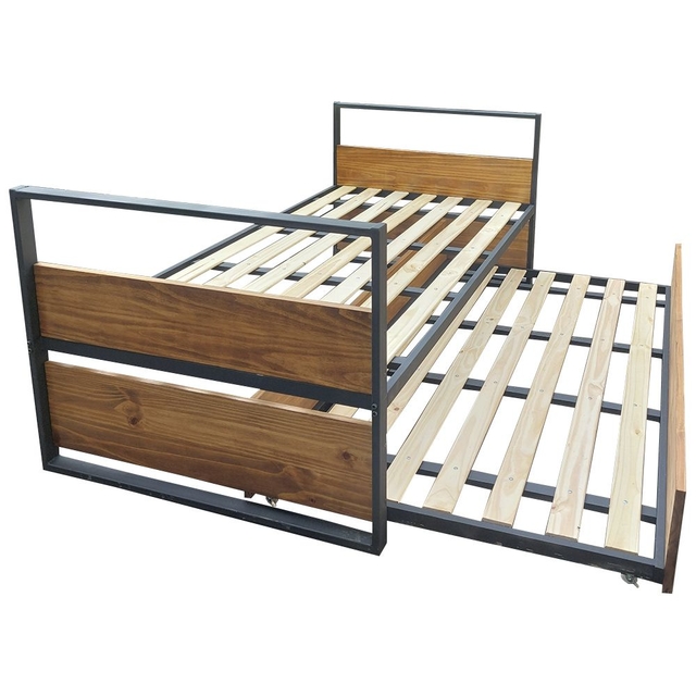 Base Cama Industrial Hierro y Madera Con Carrito Colchón Sommier