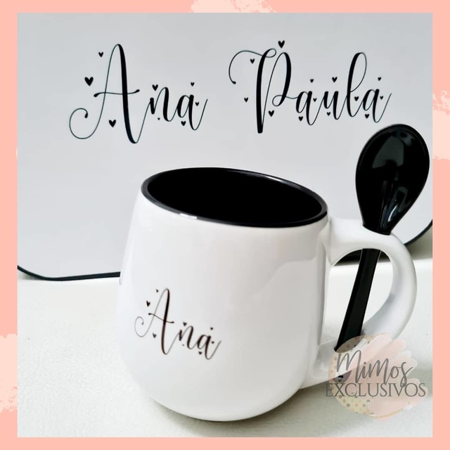 Caneca Personalizada com Colher - Preta Inicial com Nome Masculina e Frase  - Mimos Maria Personalizados