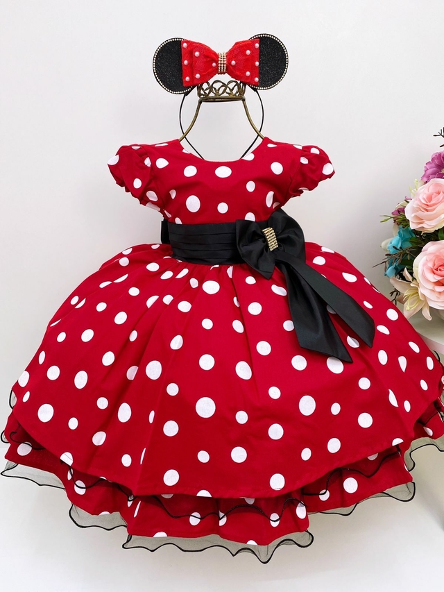 Minnie com Roupa Xadrez - Vermelho/Preto/Branco - 33cm - 1 unidade