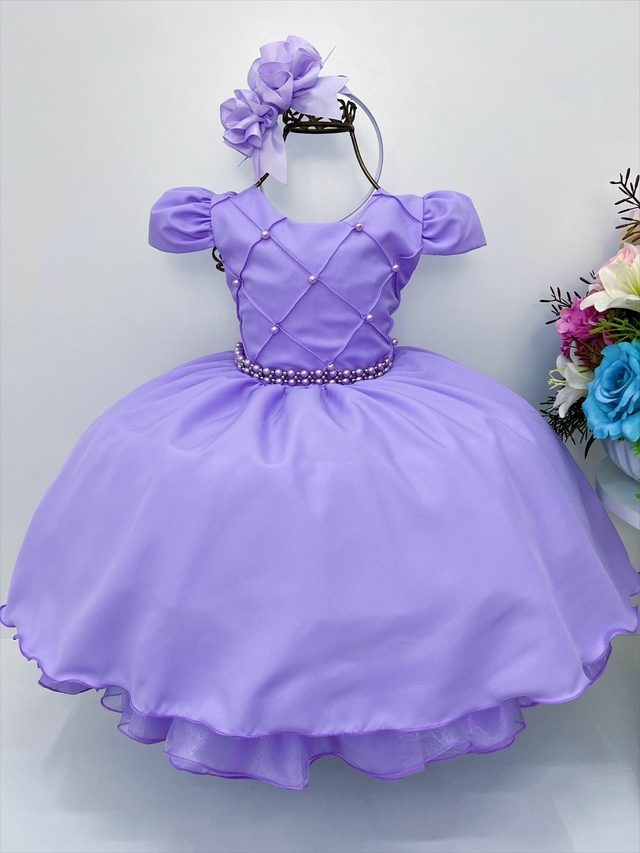 Vestido Infantil de Festa Lilás Luxo Princesa Sofia