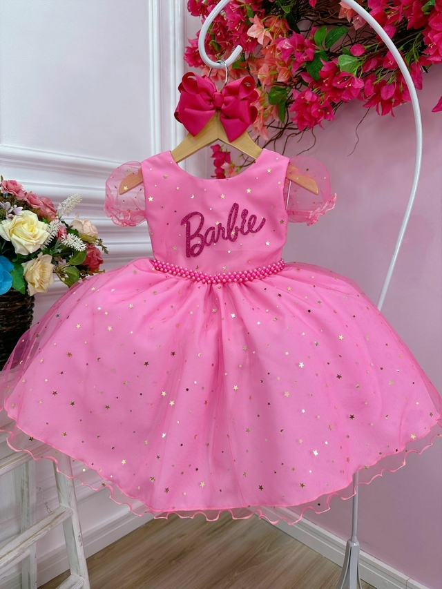 Vestido Infantil Barbie Rosa Brilho e Saia de Tule