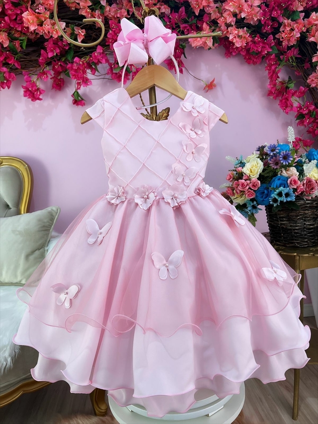 Vestido Infantil Rosa C/ Renda de Borboletas Dama Princesas