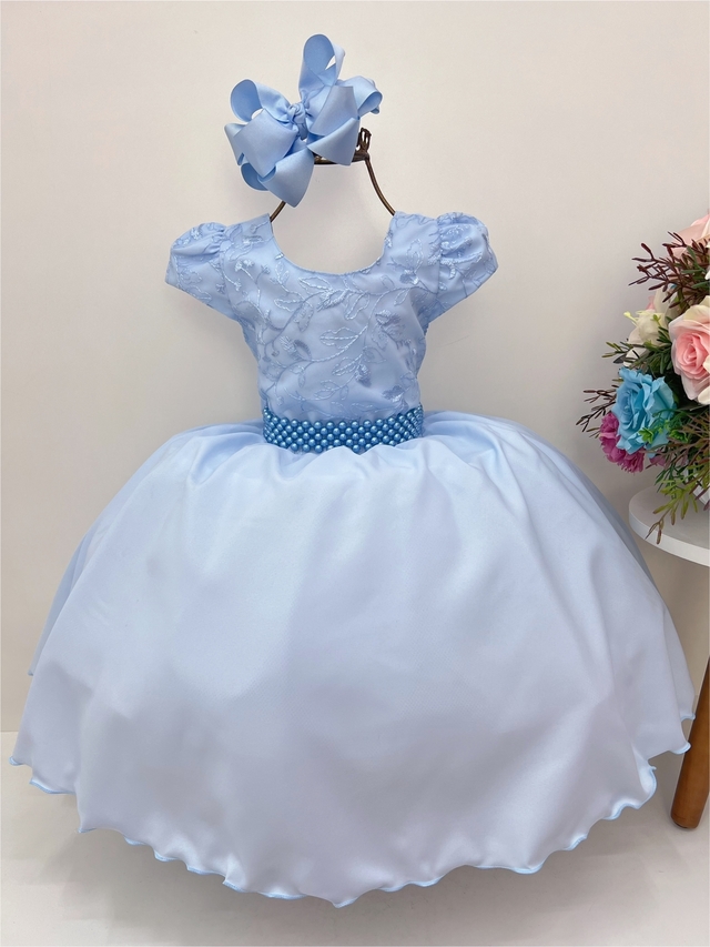 Vestido Infantil Frozen Azul C/ Cinto Pérolas Luxo Princesas