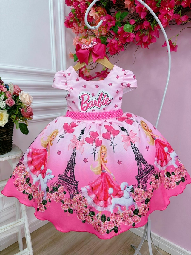 Vestido Infantil Barbie Saia Rosa de Tule Com Glitter - Rosa