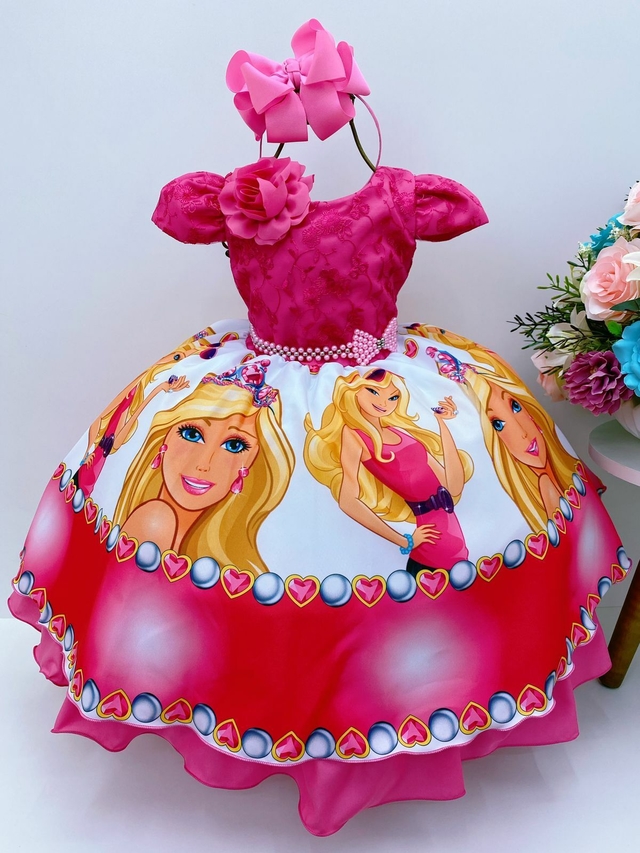 Vestido Barbie festa infantil personagens temático princesa 1 aninho a 8  anos rosa realeza luxo