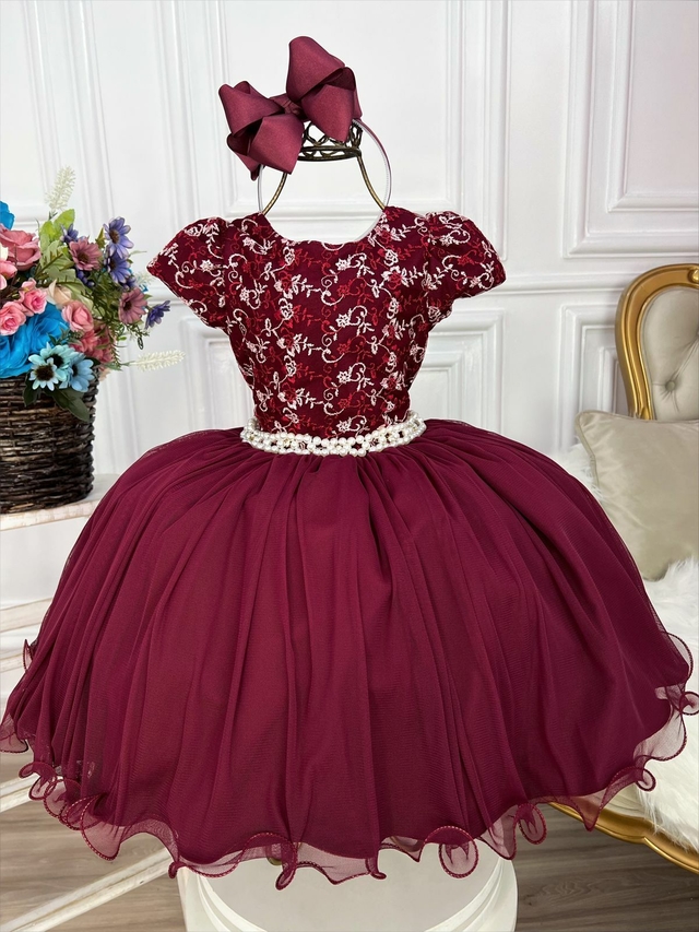 Vestido Infantil Rosa C/ Renda Strass e Pérolas Princesas