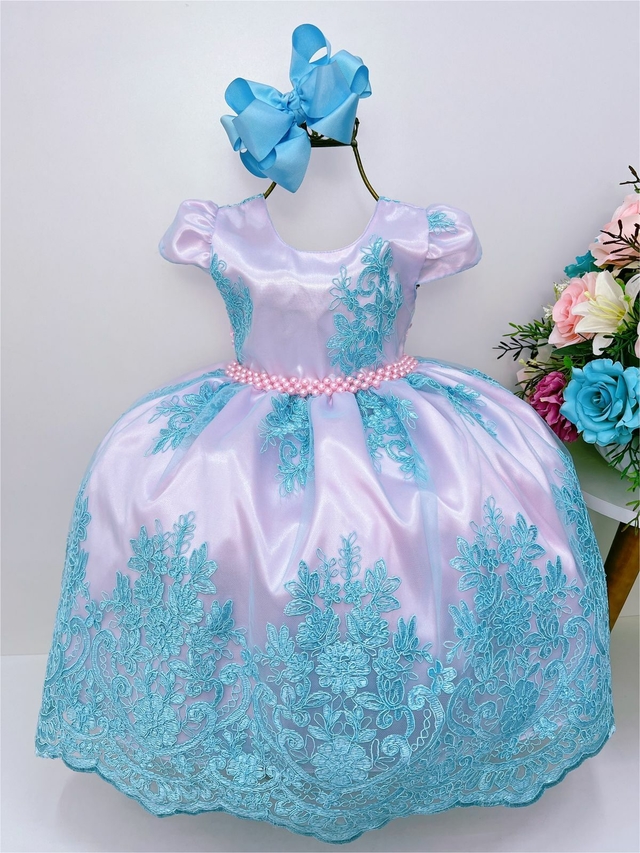 vestido infantil princesa rosa e azul com renda trabalhada