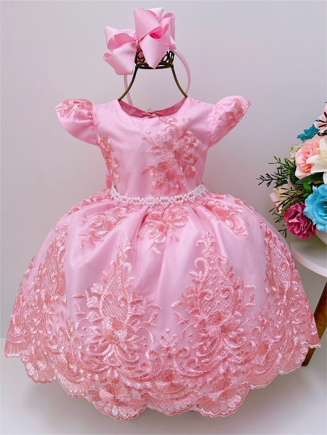 Vestido Infantil Rosa C/ Renda Strass e Pérolas Princesas