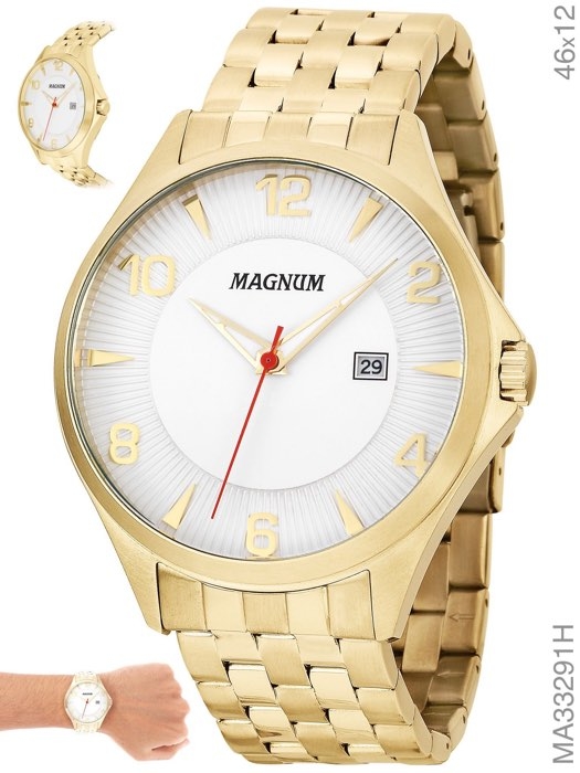 Relógio Magnum Masculino Dourado Pulseira Preta Prova D´agua