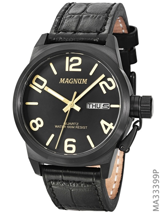 Relógio Magnum Masculino Couro Preto Original Com Calendário