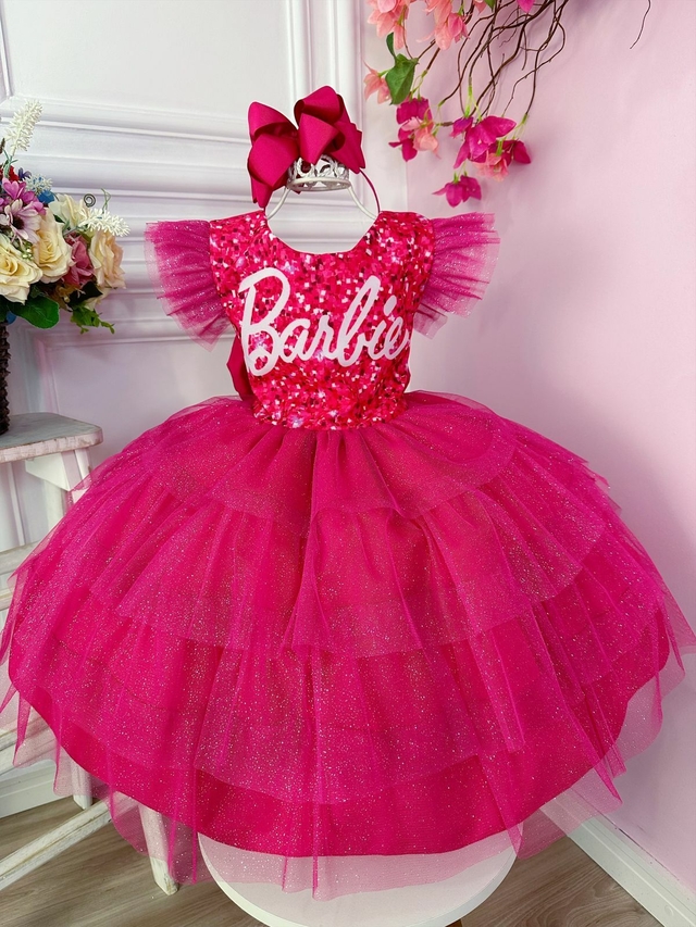 Vestido Infantil Barbie Rosa Pink Brilho Aniversário Temático