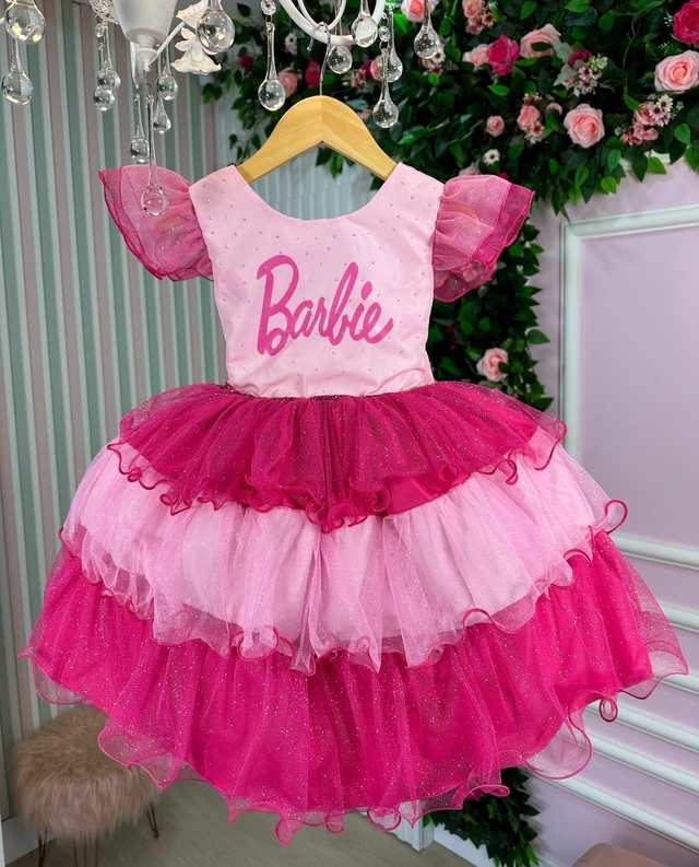 VESTIDO INFANTIL PRINCESA FESTA DA BARBIE PINK PEITO GLITTER