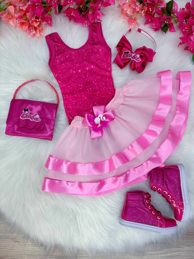 Vestido Infantil Barbie Princesa Rosa Chiclete com Cinto