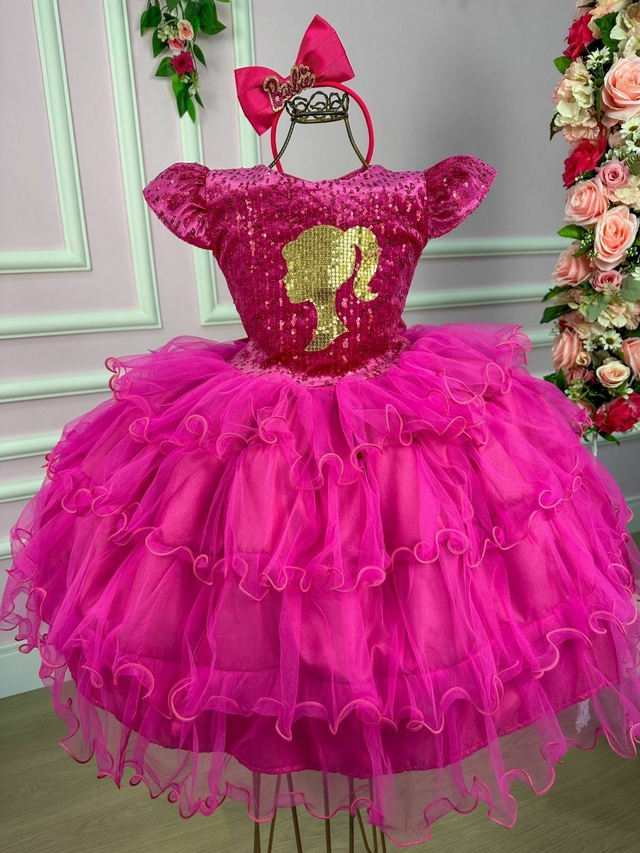 Vestido Infantil Barbie Paetê Pink