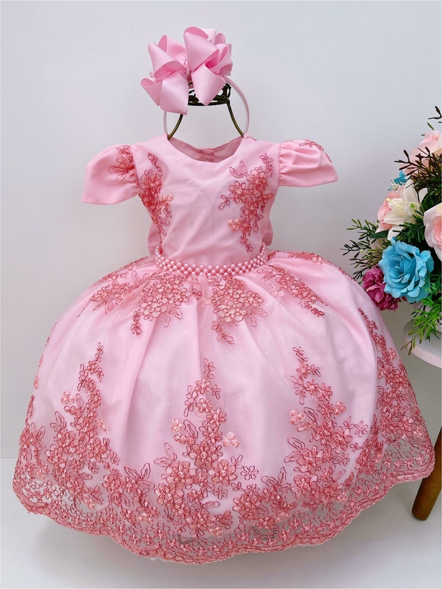 Vestido Infantil Vermelho Realeza Renda Luxo Festa Princesa - Rosa