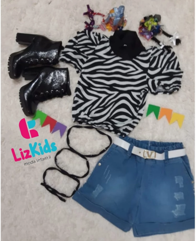 Conjunto moda feminina, infantil e juvenil, total jeans, colete, short  cargo.