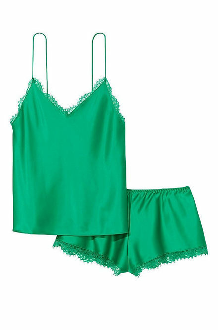 Victoria's Secret Shaded Spruce Green Stretch Lace Satin Cami Set