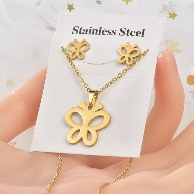 Set Acero Inoxidable Aretes Collar de Mariposa