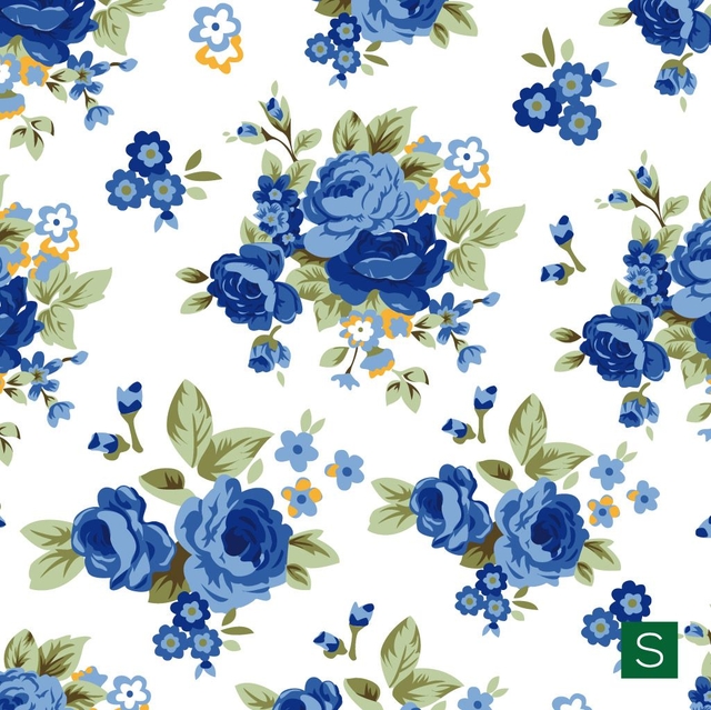 tela estampada fondo blanco flores simétricas azul y roja - Mimosapatchwork