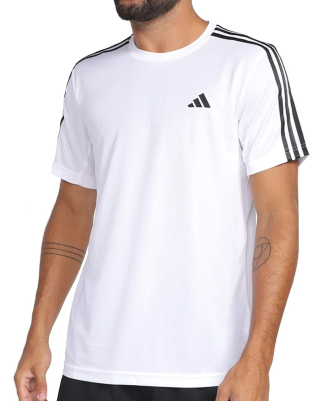 Camiseta Adidas Essentials 3 Listras Branca e Preta - FutFanatics