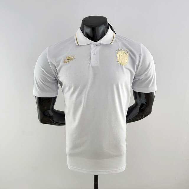 Camisa Seleção Brasileira Polo 2022 - Torcedor Nike Masculina - Branca e  Dourado