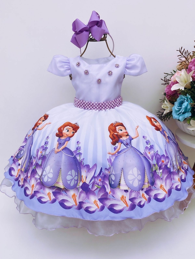 Vestido princesinha Sofia para meninas, aplique de pérola infantil, cosplay  infantil, roupa fofa de Halloween, luxo, novo