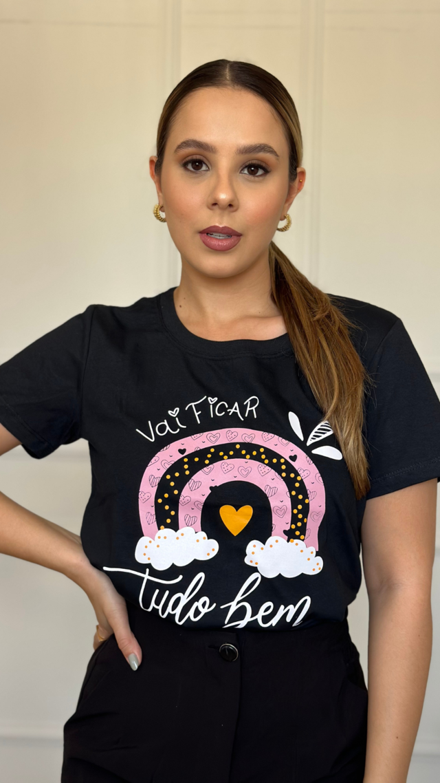 T-Shirt Feminina Preta- Vai Ficar Tudo Bem