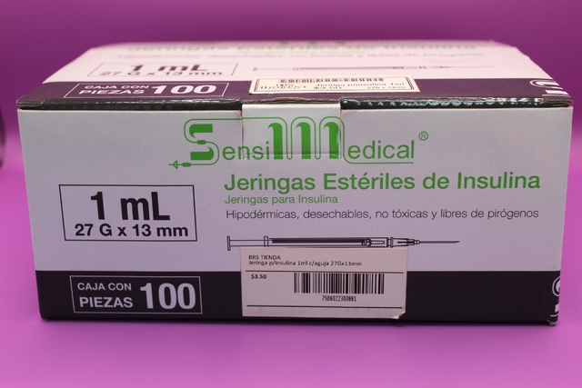 Jeringas de insulina 0,5 ml con aguja de 0,30 mm X 13 mm. Caja de 1