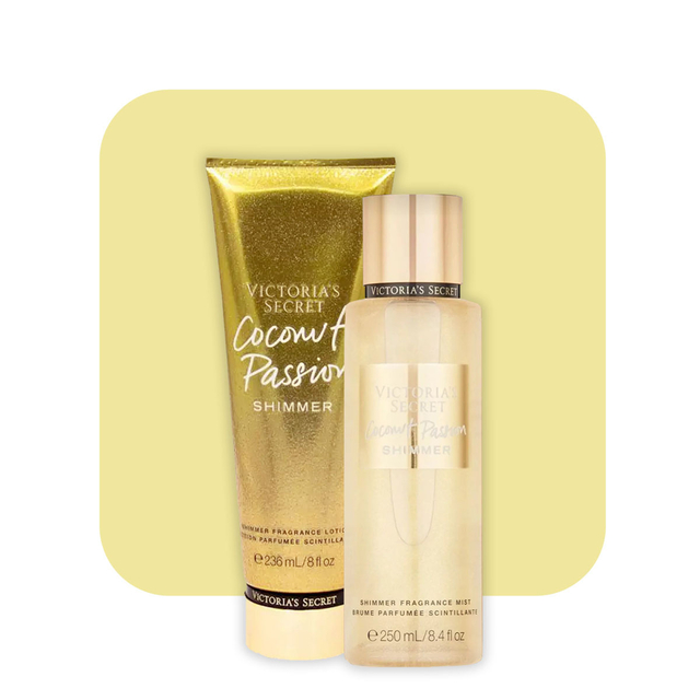 kit Victoria's Secret Coconut Passion Shimmer fracionado – loção hidratante  + body splash 30ml cada – decante – Maju Parfums