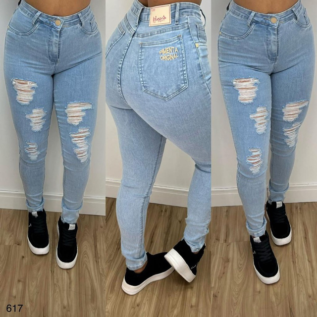 Calça Skinny Jeans Azul Básica Com Lycra Cintura Alta Empina