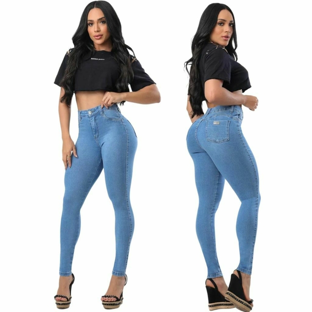 Calça Skinny Feminina Jeans Com Licra Cintura Alta Levanta Bumbum 13 - Azul  Claro