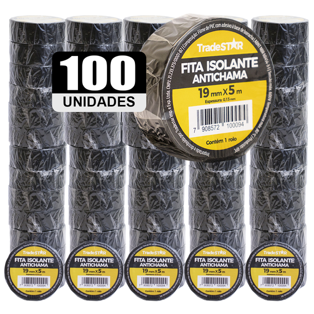 Kit 100 Rolos Pc Fita Isolante 5 Metros Preta