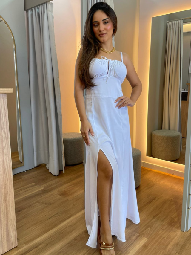 Fashion vestido branco com fenda