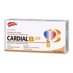 El Cardial B/2.5 mg en comprimidos palatables es un vasodilatador mixto y protector cardíaco para perros, en base a Benazepril y Espironolactona
