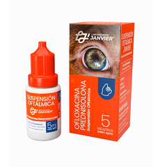 La suspensión oftálmica del Laboratorio J'anvier es un colirio ocular que combina el antimbiótico Ofloxacina con el glucocorticoide Prednisolona, de utilización tanto en caninos como felinos