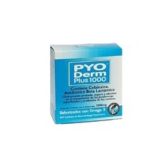 El Pyo Derm Plus 1000 mg y del Instituto de Dermatologia Veterinaria es un Antibiótico saborizado Beta Lactámico - con Cefalexina + Zinc + Biotina - para caninos y felinos.- 