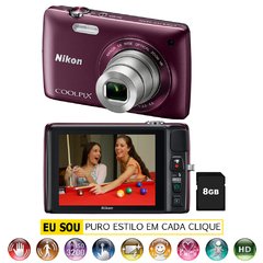 Câmera Digital Nikon CoolPix S4300 Ameixa c/ LCD 3,0", 16 MP, Zoom Óptico de 6x, Vídeos em HD (720p) e Estabilizador de Imagem + Cartão de 8GB