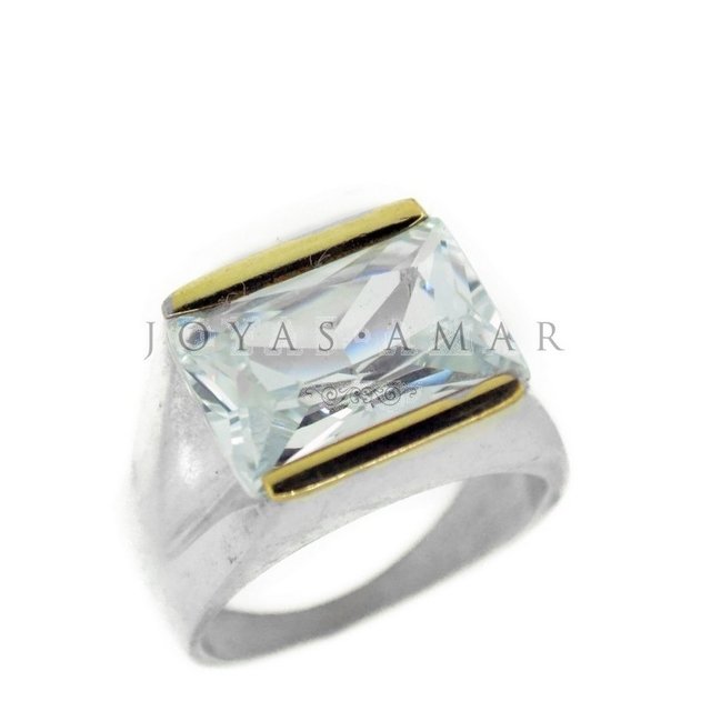 Anillo sello borde calado con piedra rectangular Plata y Oro